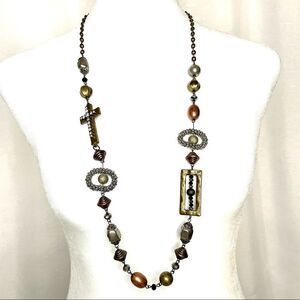 Cross Necklace Copper Silver Gold Toned Beaded Long